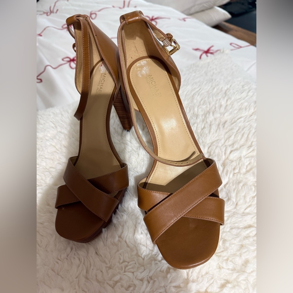 Michael Kors Cognac Leather Crisscross Block Heel Sandals
